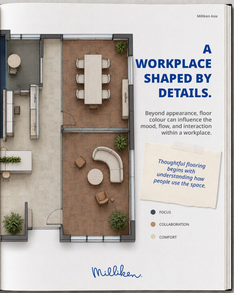 A top-down workplace layout showing how different flooring colours define zones for focus, collaboration, and comfort.