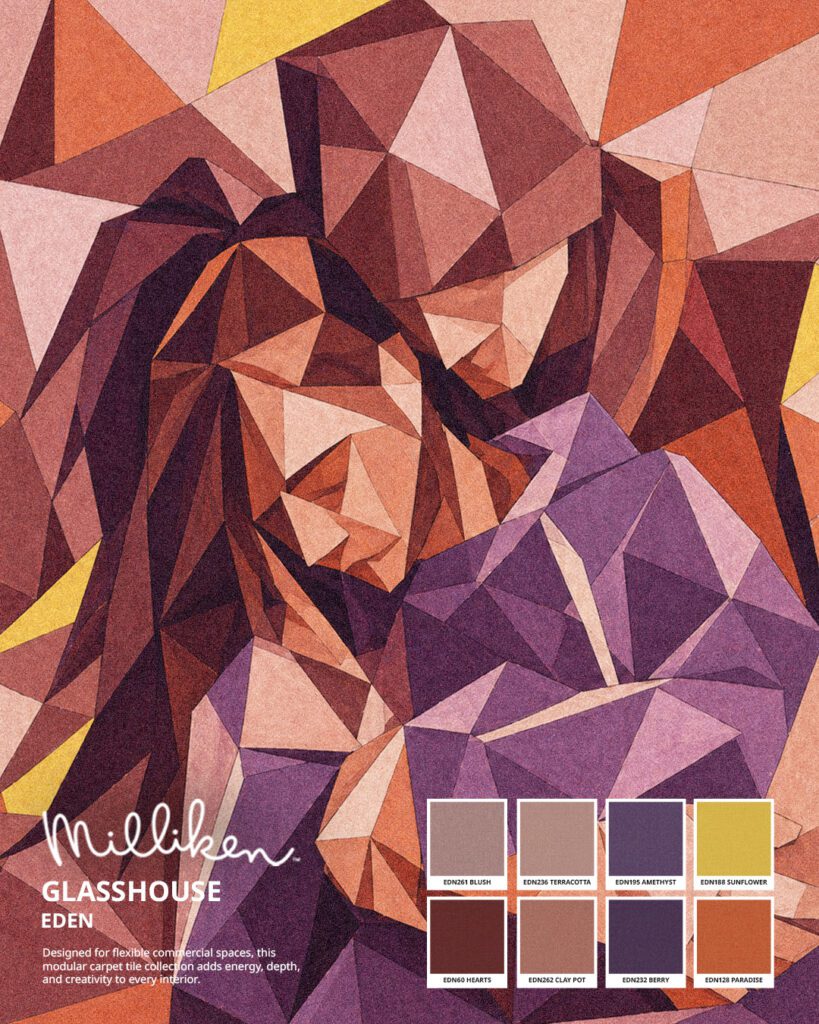 Using Milliken’s flooring colour palette, we reimagined a Justin Bieber-inspired portrait through bold geometric shapes and layered tones.
