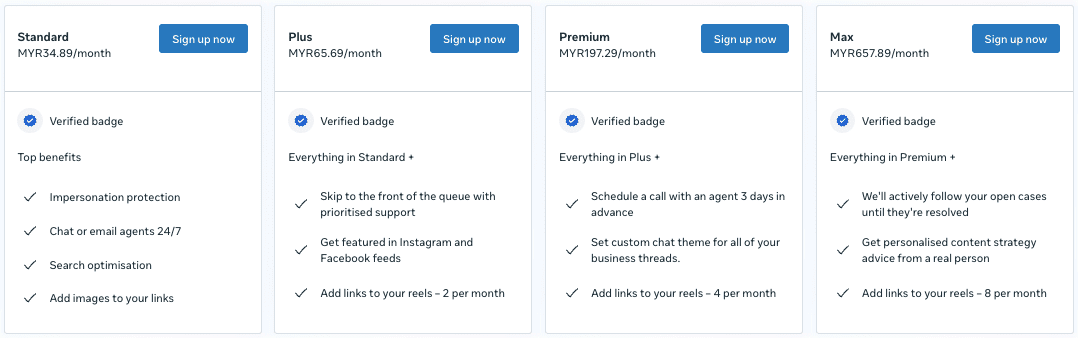 Meta Verified pricing in Malaysia — RM36.99 per month on web, RM41.99 on mobile app