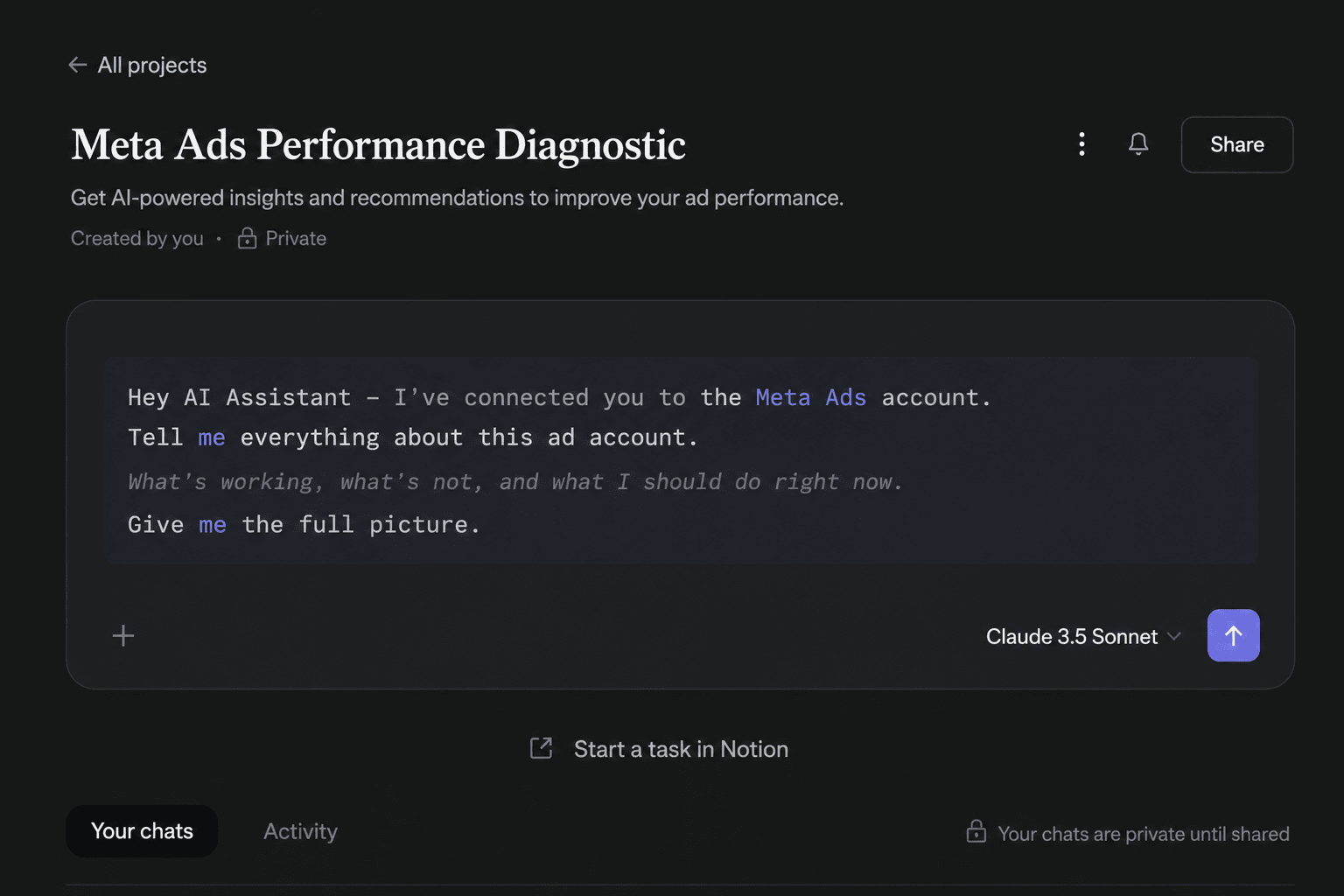 User feeding Meta Ads performance data into Claude asking for a full campaign analysis and optimisation recommendations