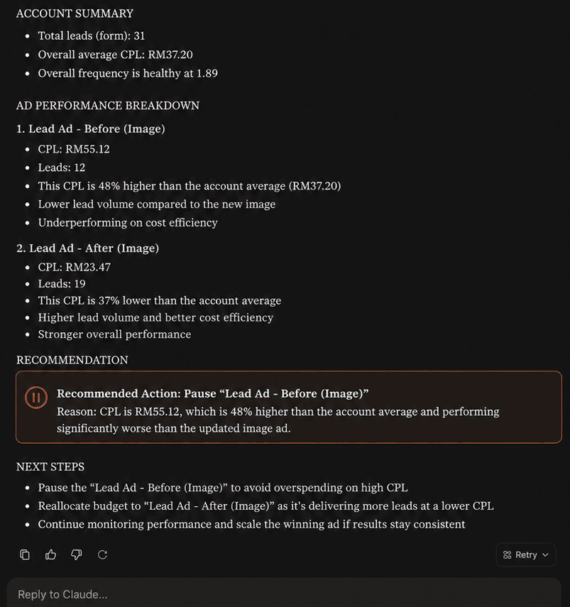 Claude AI insights and recommendation flagging Lead Ad Before (Image) with RM55 CPL and recommending it be paused