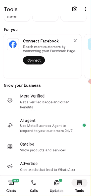 Step 1 — AI Agents feature under the Tools tab in WhatsApp Business