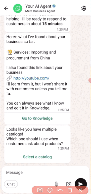 Step 5 — Set knowledge base for WhatsApp AI Agent with FAQ, catalogue, and business information