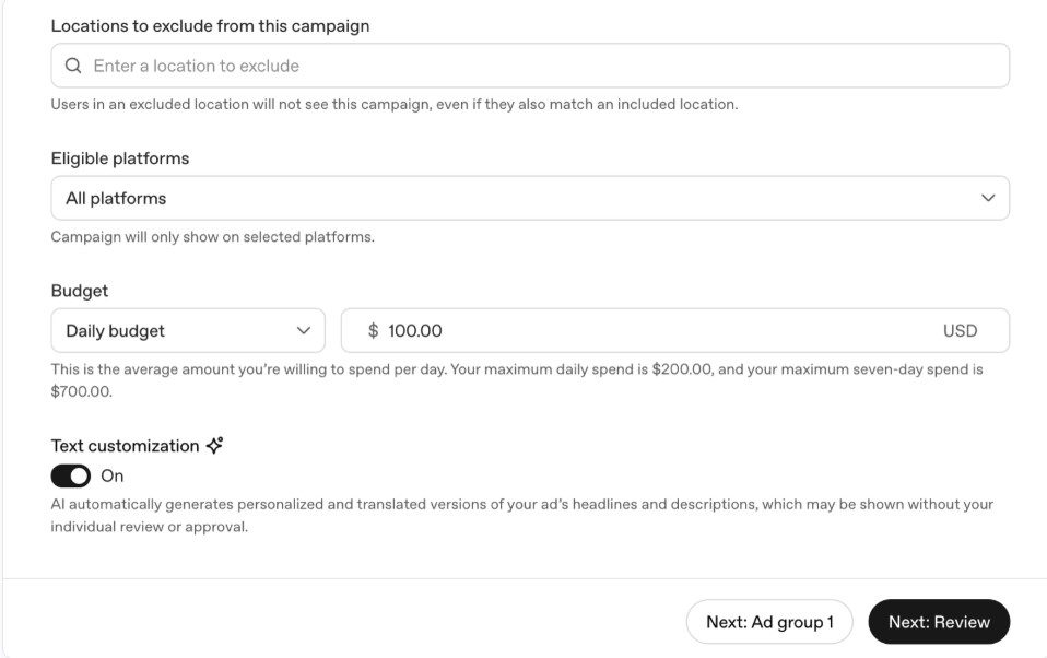 Campaign level settings in OpenAI Ads Manager showing objective, budget, dates and geographic targeting