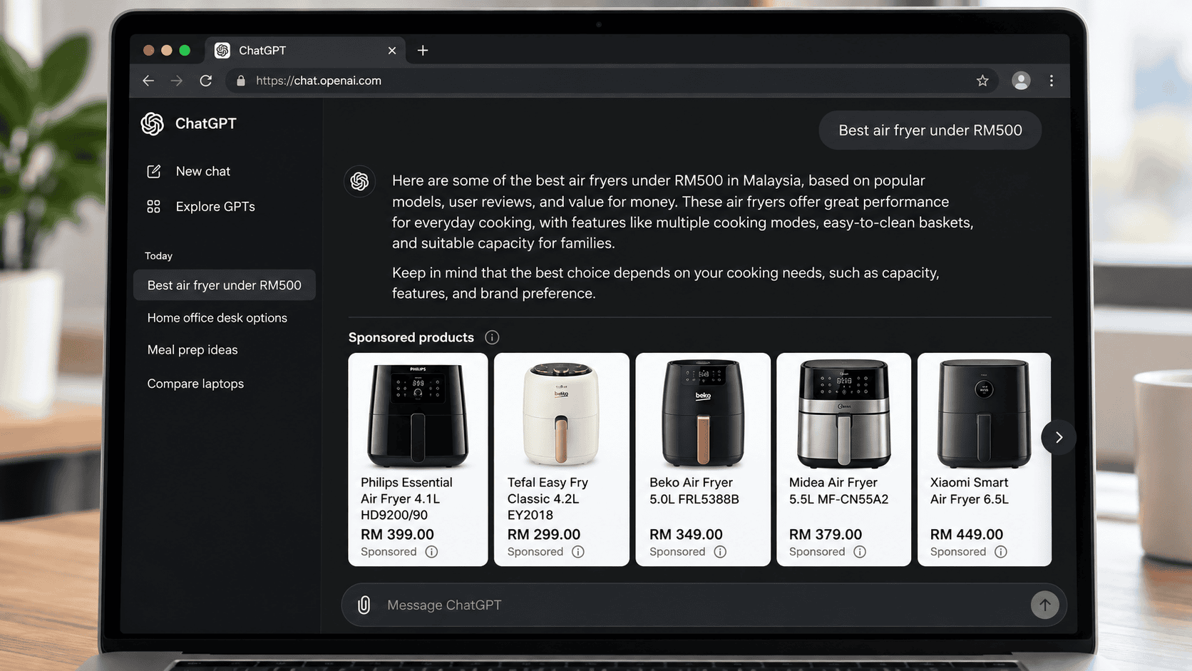 ChatGPT product feed ads mockup — sponsored product carousel appearing below a ChatGPT AI answer during a shopping research conversation