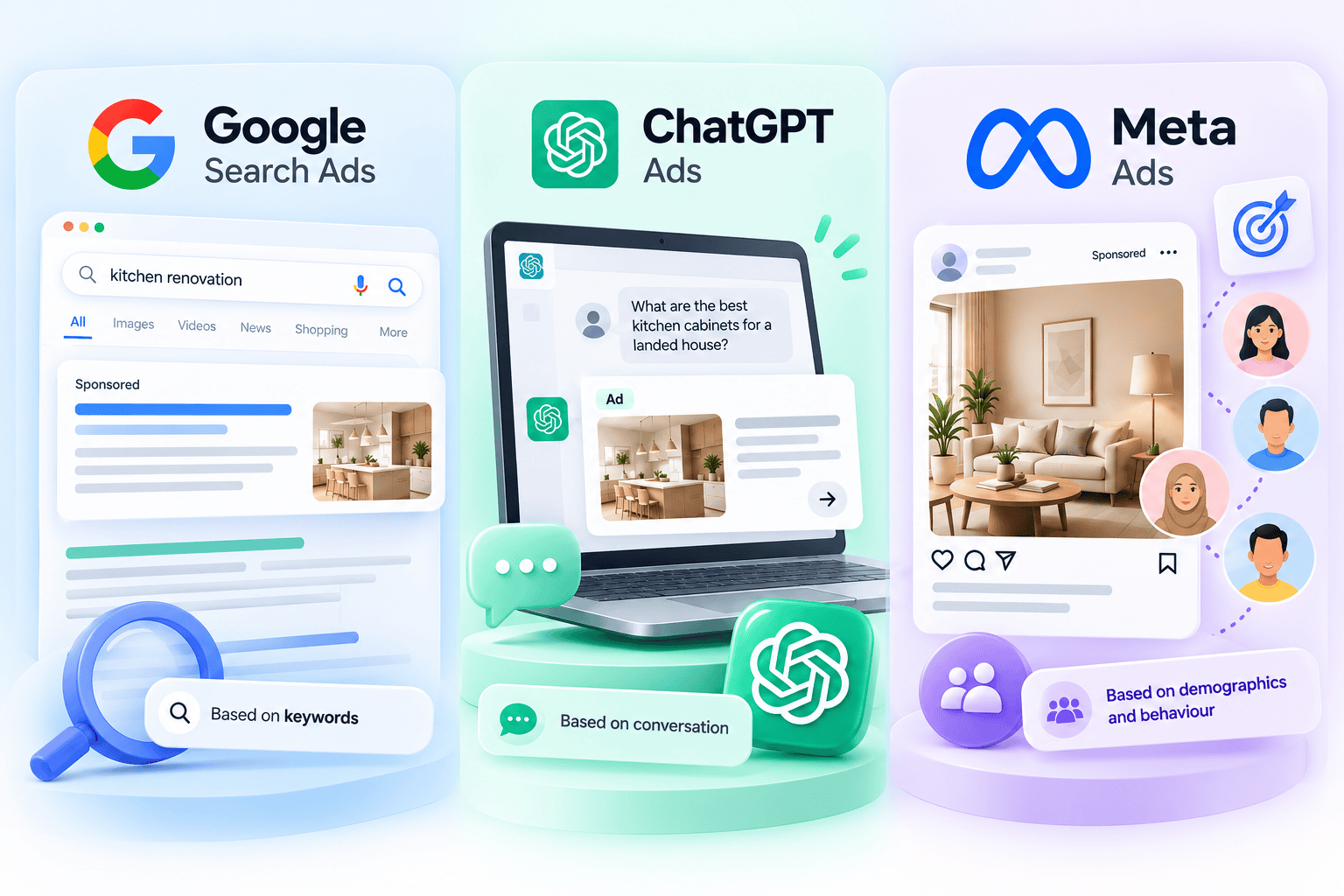 Comparison between Google Ads, ChatGPT Ads and Meta Ads targeting