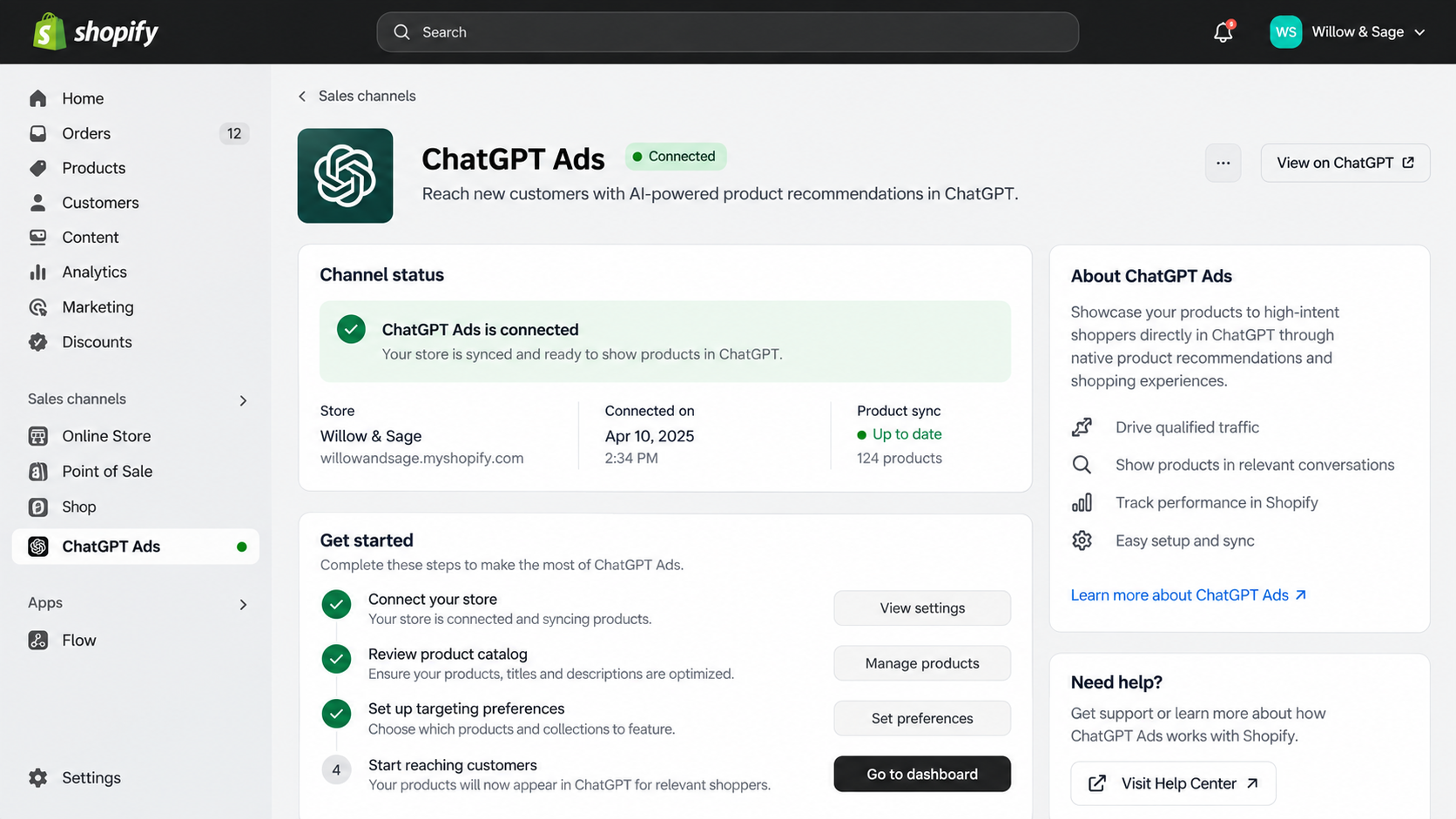 Shopify and ChatGPT Ads integration — connecting your Shopify product catalog to OpenAI's advertising platform via Sales Channels