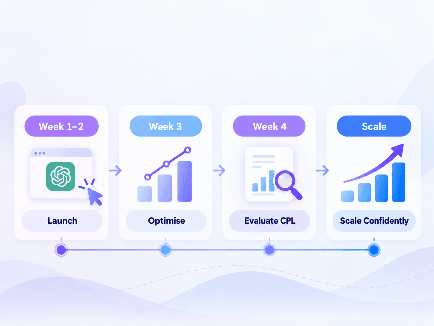 ChatGPT Ads scaling timeline from launch and optimisation to CPL evaluation and scaling